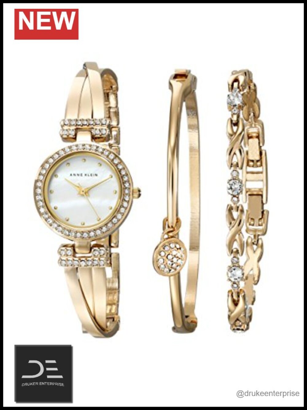 Premium Crystal Accented Bangle Watch and Bracelet Set with Mother-of-Pearl Dial